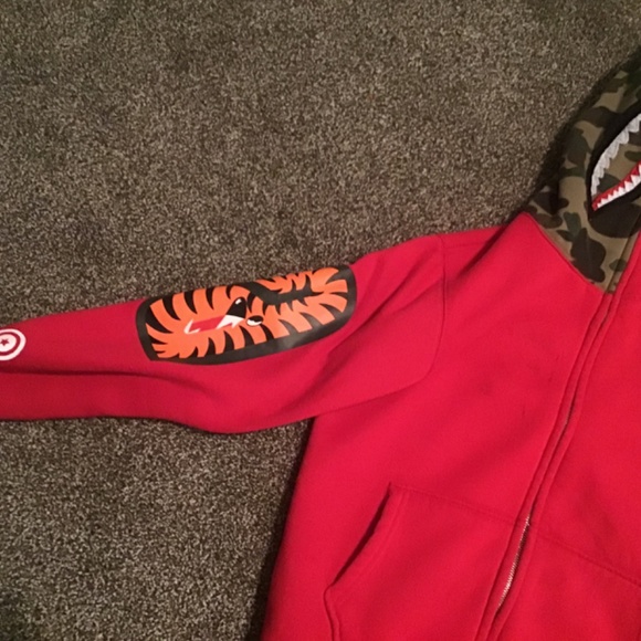 Rare red camo shark zip up bape hoodie